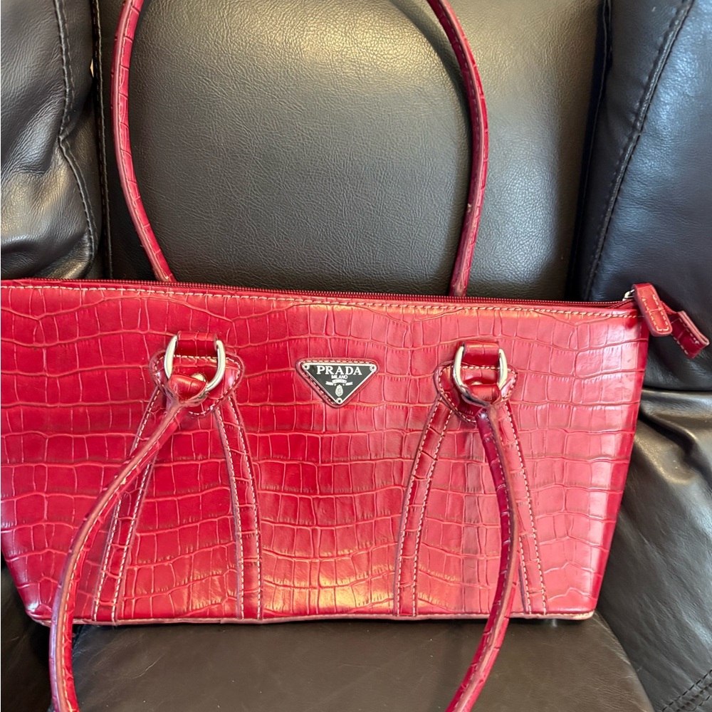 Prada Red Croc-Embossed Shoulder Bag with Silver Hardware